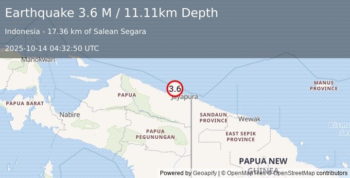 Earthquake Near North Coast of West Papua (3.6 M) (2025-10-14 04:32:50 UTC)