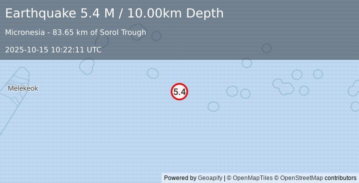 Earthquake Western Caroline Islands, Micronesia (5.4 M) (2025-10-15 10:22:12 UTC)