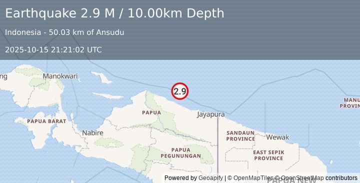Earthquake Near North Coast of West Papua (2.9 M) (2025-10-15 21:21:02 UTC)