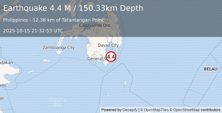 Earthquake Mindanao, Philippines (4.4 M) (2025-10-15 21:32:52 UTC)