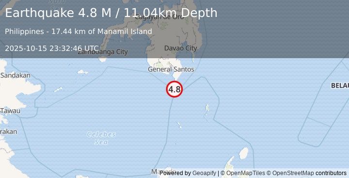 Earthquake Mindanao, Philippines (4.9 M) (2025-10-15 23:32:46 UTC)