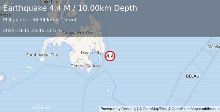 Earthquake Mindanao, Philippines (4.4 M) (2025-10-15 23:46:31 UTC)