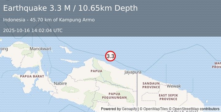 Earthquake Near North Coast of West Papua (3.3 M) (2025-10-16 14:02:04 UTC)