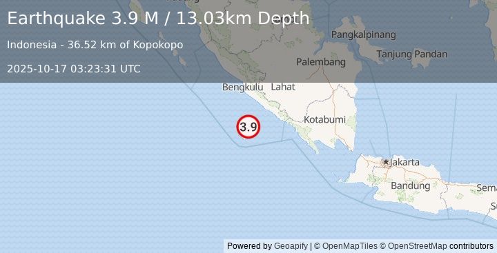 Earthquake Southern Sumatra, Indonesia (3.9 M) (2025-10-17 03:23:31 UTC)