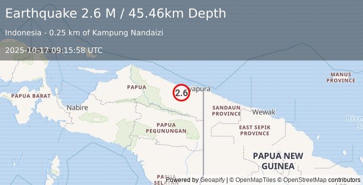 Earthquake Near North Coast of West Papua (2.6 M) (2025-10-17 09:15:58 UTC)
