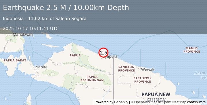Earthquake Near North Coast of West Papua (2.6 M) (2025-10-17 10:11:40 UTC)