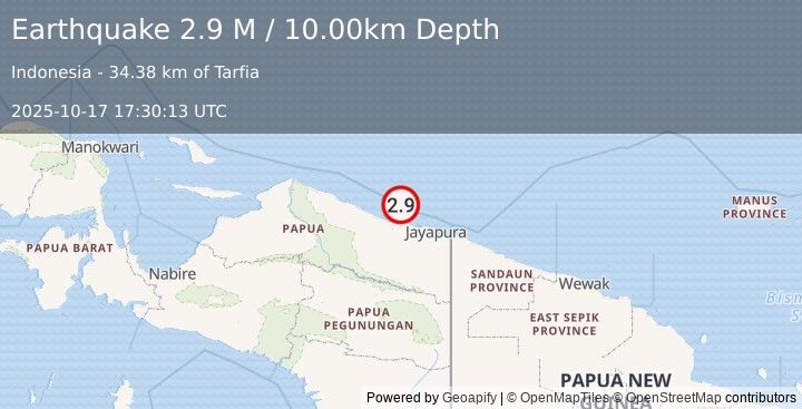 Earthquake Near North Coast of West Papua (2.9 M) (2025-10-17 17:30:13 UTC)
