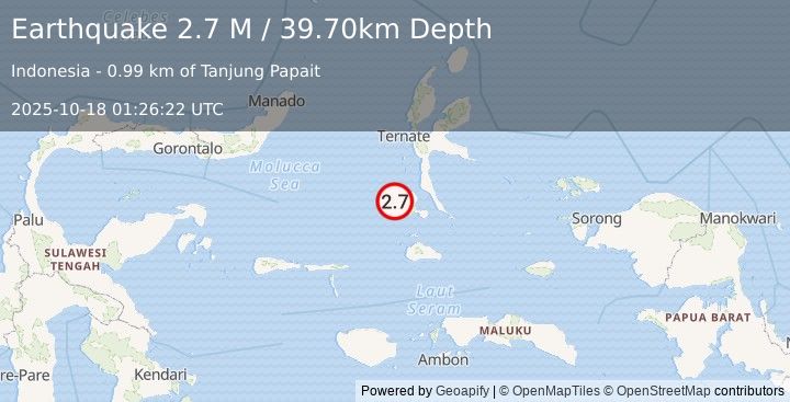 Earthquake Halmahera, Indonesia (2.7 M) (2025-10-18 01:26:22 UTC)