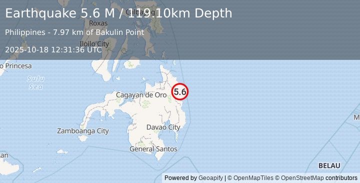 Earthquake Mindanao, Philippines (5.6 M) (2025-10-18 12:31:34 UTC)