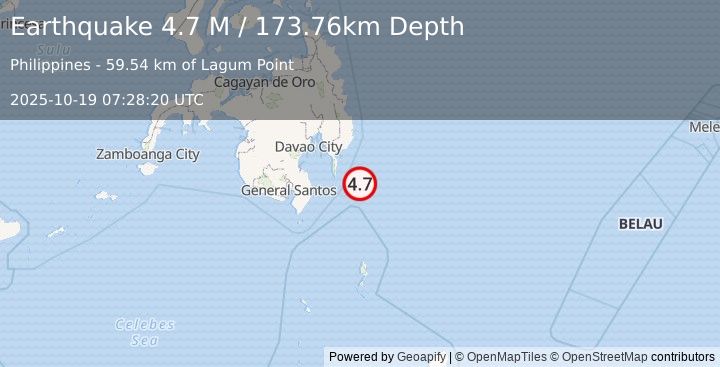 Earthquake Mindanao, Philippines (4.7 M) (2025-10-19 07:28:20 UTC)