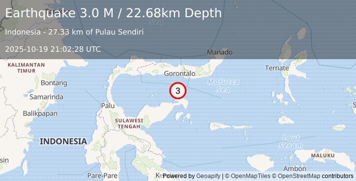 Earthquake Minahassa Peninsula, Sulawesi (3.0 M) (2025-10-19 21:02:28 UTC)