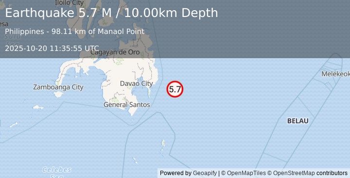 Earthquake Philippine Islands Region (5.6 M) (2025-10-20 11:36:01 UTC)