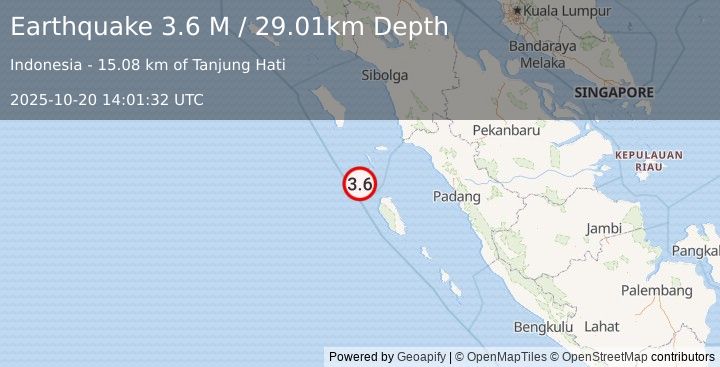 Earthquake Southern Sumatra, Indonesia (3.6 M) (2025-10-20 14:01:32 UTC)