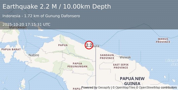 Earthquake Near North Coast of West Papua (2.2 M) (2025-10-20 17:15:31 UTC)