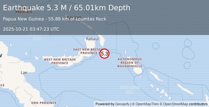 Earthquake New Ireland Region, Papua New Guinea (5.3 M) (2025-10-21 03:47:23 UTC)