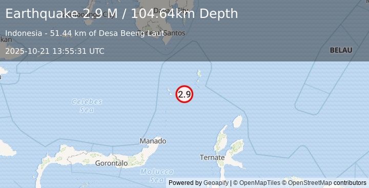Earthquake Talaud Islands, Indonesia (2.9 M) (2025-10-21 13:55:31 UTC)