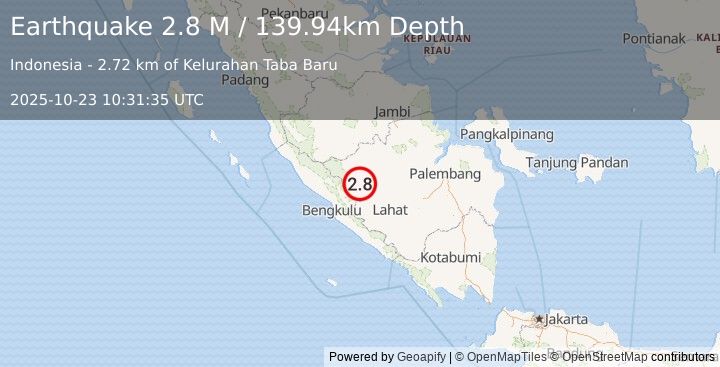 Earthquake Southern Sumatra, Indonesia (3.1 M) (2025-10-23 10:31:29 UTC)