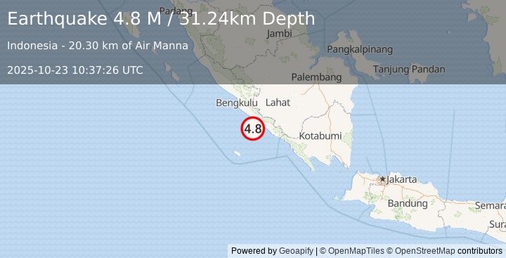 Earthquake Southern Sumatra, Indonesia (4.8 M) (2025-10-23 10:37:26 UTC)