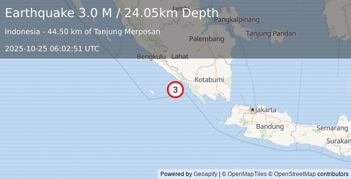 Earthquake Southern Sumatra, Indonesia (3.0 M) (2025-10-25 06:02:51 UTC)