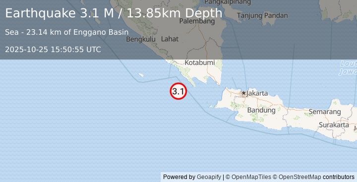 Earthquake Southwest of Sumatra, Indonesia (3.1 M) (2025-10-25 15:50:55 UTC)