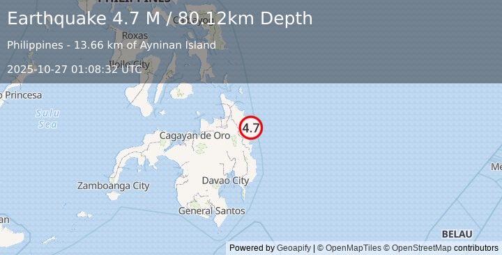 Earthquake Mindanao, Philippines (4.7 M) (2025-10-27 01:08:32 UTC)