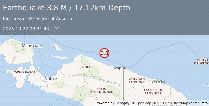 Earthquake Near North Coast of West Papua (3.8 M) (2025-10-27 03:31:43 UTC)