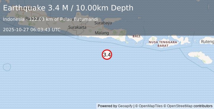 Earthquake South of Java, Indonesia (3.4 M) (2025-10-27 06:03:45 UTC)