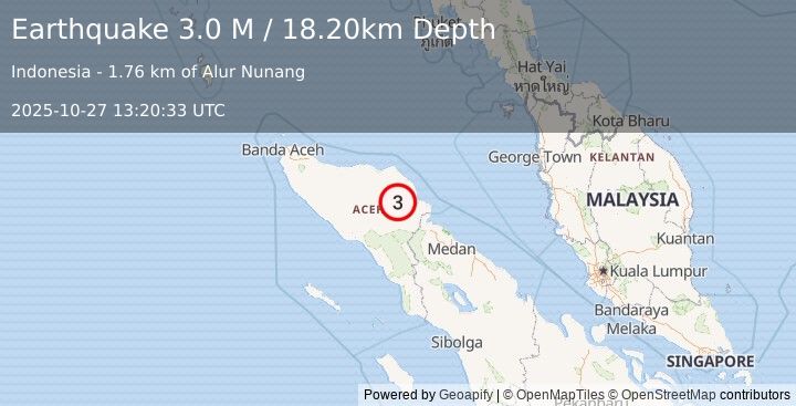 Earthquake Northern Sumatra, Indonesia (3.0 M) (2025-10-27 13:20:33 UTC)