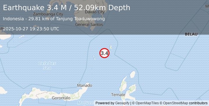 Earthquake Talaud Islands, Indonesia (3.4 M) (2025-10-27 19:23:50 UTC)
