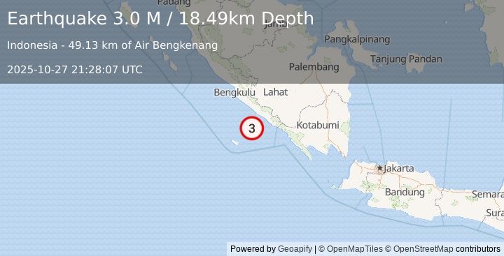 Earthquake Southern Sumatra, Indonesia (3.0 M) (2025-10-27 21:28:07 UTC)