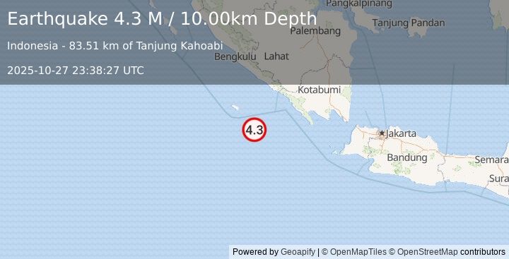 Earthquake Southwest of Sumatra, Indonesia (4.3 M) (2025-10-27 23:38:27 UTC)