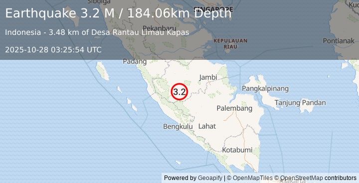 Earthquake Southern Sumatra, Indonesia (3.2 M) (2025-10-28 03:25:54 UTC)
