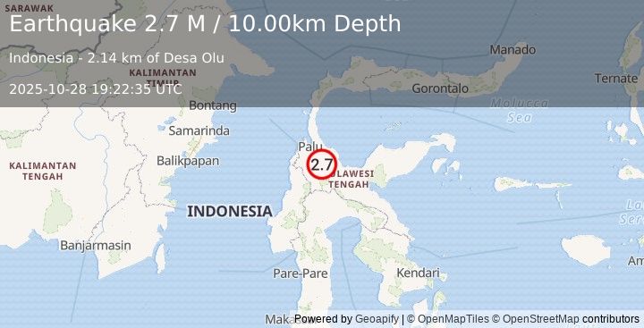 Earthquake Sulawesi, Indonesia (2.7 M) (2025-10-28 19:22:35 UTC)