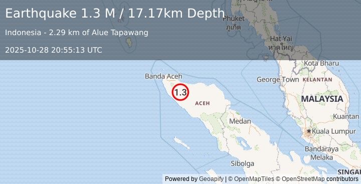 Earthquake Northern Sumatra, Indonesia (1.3 M) (2025-10-28 20:55:13 UTC)