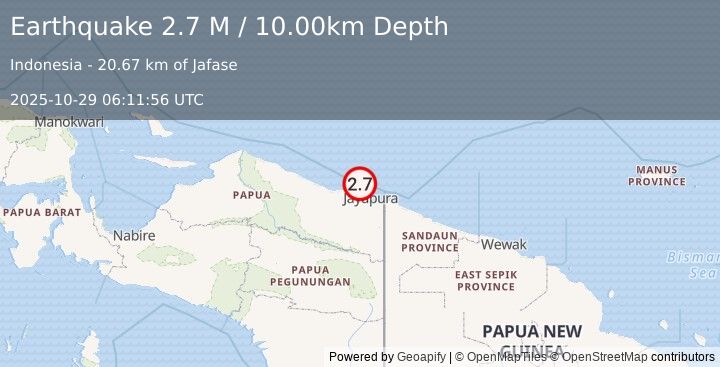 Earthquake Near North Coast of West Papua (2.7 M) (2025-10-29 06:11:56 UTC)