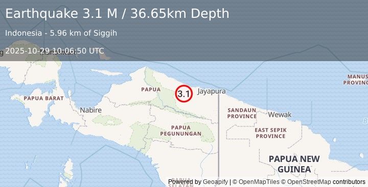 Earthquake Near North Coast of West Papua (3.1 M) (2025-10-29 10:06:50 UTC)