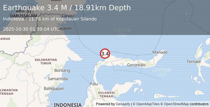 Earthquake Minahassa Peninsula, Sulawesi (3.4 M) (2025-10-30 01:39:04 UTC)