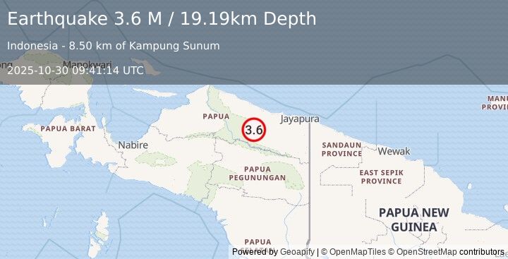 Earthquake Near North Coast of West Papua (3.6 M) (2025-10-30 09:41:14 UTC)
