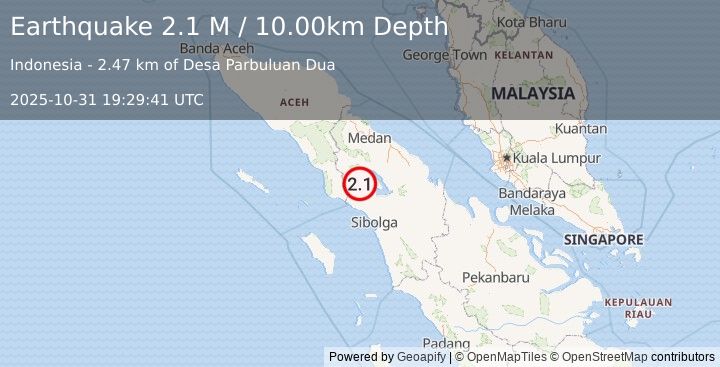 Earthquake Northern Sumatra, Indonesia (2.1 M) (2025-10-31 19:29:41 UTC)