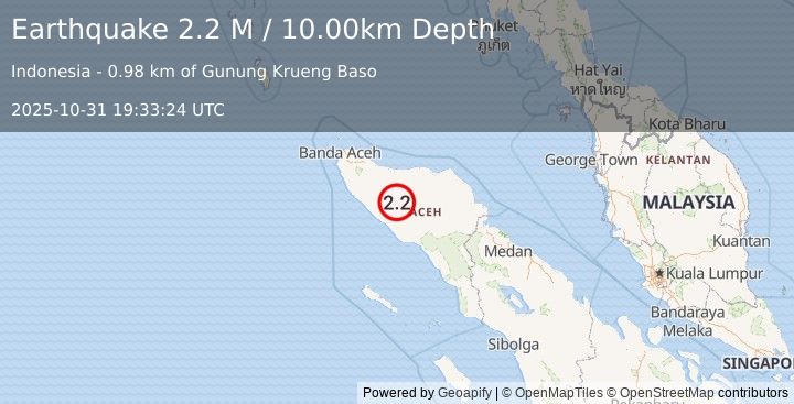 Earthquake Northern Sumatra, Indonesia (2.2 M) (2025-10-31 19:33:24 UTC)
