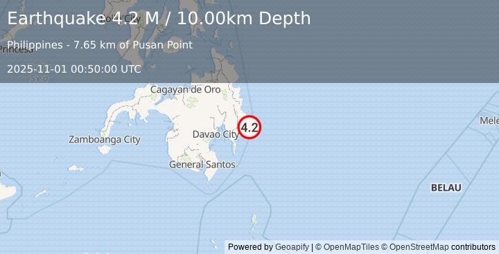 Earthquake Mindanao, Philippines (4.2 M) (2025-11-01 00:50:00 UTC)