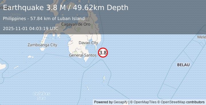 Earthquake Mindanao, Philippines (3.8 M) (2025-11-01 04:03:19 UTC)