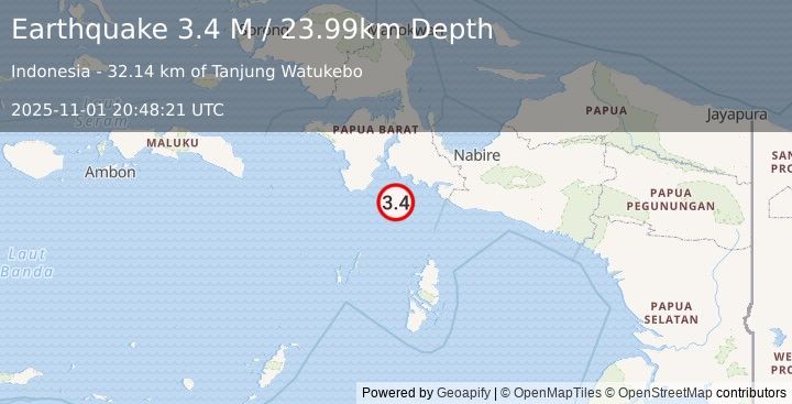 Earthquake West Papua Region, Indonesia (3.4 M) (2025-11-01 20:48:21 UTC)