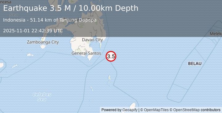 Earthquake Mindanao, Philippines (3.5 M) (2025-11-01 22:42:39 UTC)