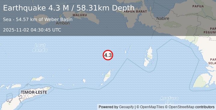 Earthquake Tanimbar Islands Region, Indonesia (4.3 M) (2025-11-02 04:30:45 UTC)