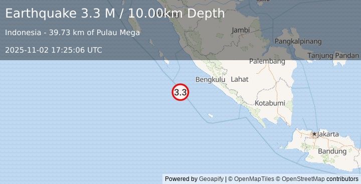 Earthquake Southwest of Sumatra, Indonesia (3.3 M) (2025-11-02 17:25:06 UTC)