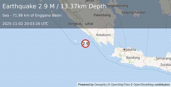 Earthquake Southern Sumatra, Indonesia (2.9 M) (2025-11-02 20:03:26 UTC)