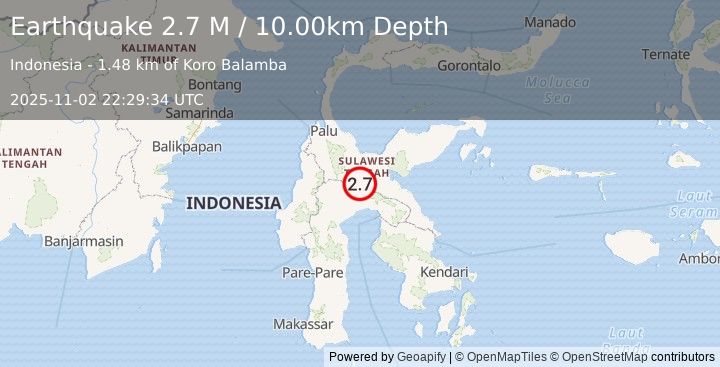 Earthquake Sulawesi, Indonesia (2.7 M) (2025-11-02 22:29:34 UTC)