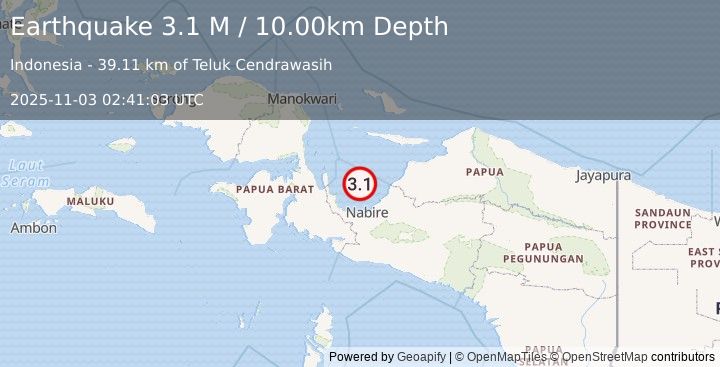 Earthquake West Papua Region, Indonesia (3.1 M) (2025-11-03 02:41:03 UTC)