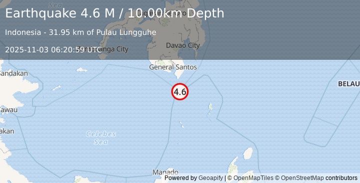 Earthquake Mindanao, Philippines (4.6 M) (2025-11-03 06:20:59 UTC)